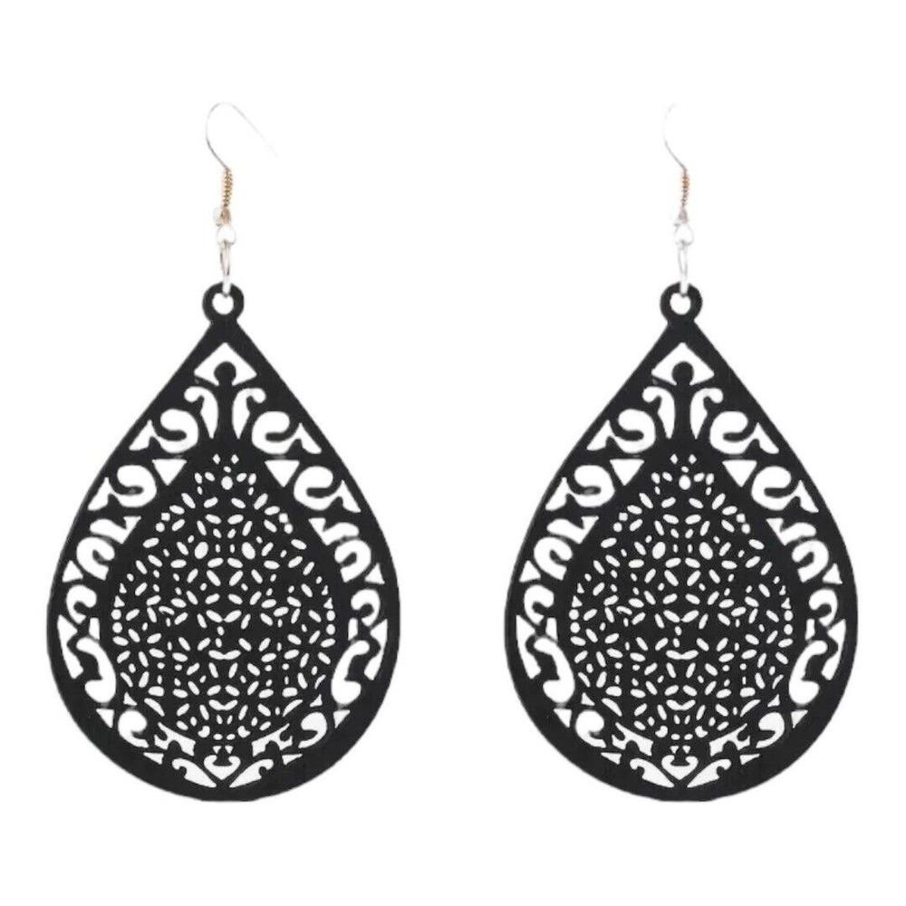 Black Wood Carved pattern droplet shaped Dangle, Earrings retro Ethnic Style